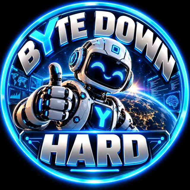 Friendly AI robot and glowing Y emblem