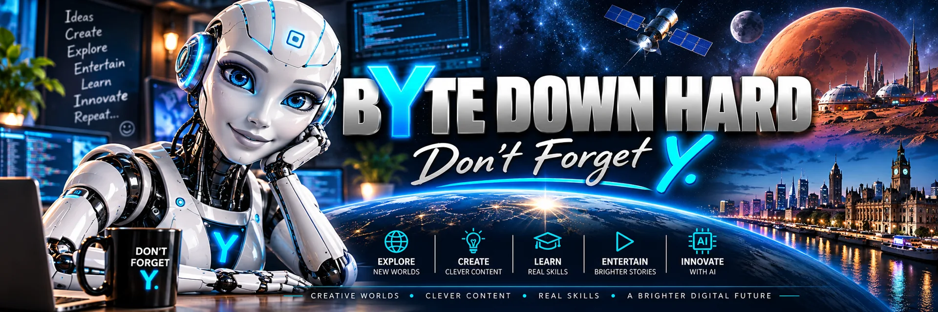 Byte Down Hard: friendly AI robot, Earth and Mars, with the Don’t Forget Y branding